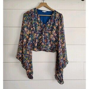 Lilly Star Blue Floral Boho Hippie Bell Sleeve Festival Cropped Top Size Small